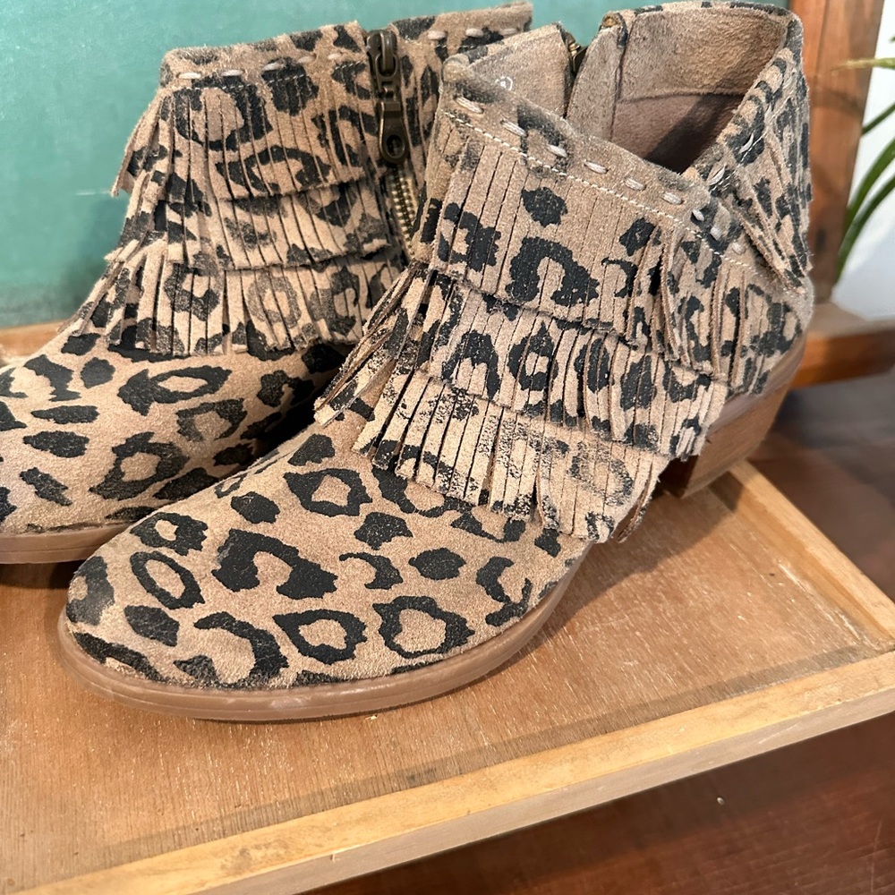 Leather Fringe Leopard Ankle Boots